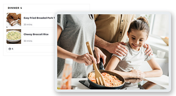 Family cooking following a recipe from the meal plan