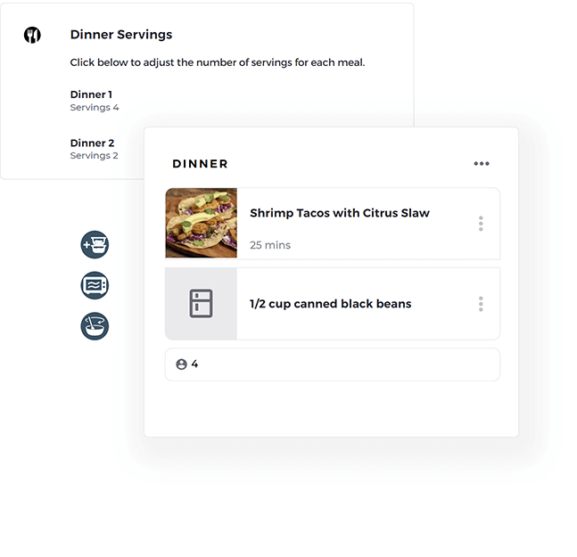 Meal plan customization settings, and drag and drop of a recipe card